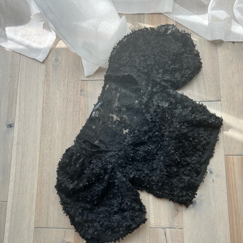 Romantic Black Floral Lace Zara Puff Shoulder Top